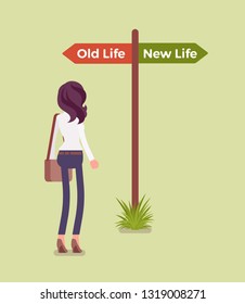 Signpost Pole To A Direct Woman, Old And New Life Choice. Young Person Choosing A Road, Start Of Another Way, Thinking Of Decision To Begin And Change Lifestyle, Become Different. Vector Illustration