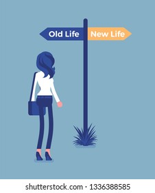 Signpost pole to direct a woman, old and new life choice. Young person choosing a road, start of another way, thinking of decision to begin and change lifestyle, become different. Vector illustration