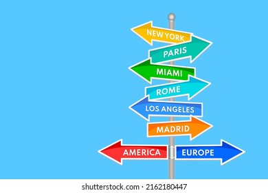 Signpost showing touristic cities isolated on blue background with copy space. Vector illustration