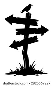 Signpost silhouette, bird, spooky, forest, path, direction, halloween.