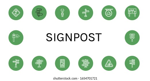 signpost simple icons set. Contains such icons as Slippery road, Signpost, Signboard, Road sign, Guidepost, Loose gravel, can be used for web, mobile and logo