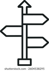 A signpost stands prominently with several arrows pointing in different directions. The structure suggests choices to travelers, set against a bright blue sky.