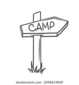 Signpost with text Camp line icon. Hand drawn retro wooden sign with arrow, information post on hiking trail in woods. Camping, summer hike mascot, outline signboard pointer icon vector illustration