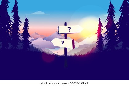 Señal desconocida - Crossroad con signos de interrogación en el paisaje. Amanecer, montañas y bosques. Incertidumbre, elección y pérdida de concepto. Ilustración vectorial.