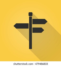 Signpost vector icon with long shadow. Black illustration isolated on yellow background for graphic and web design.