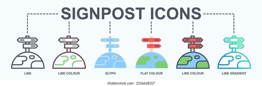 Signpost Vector Icons. Navigator Point On Earth. Way Choise Pictogram Variations. Map Navigation Icons Set.