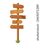 Signpost with wooden direction arrow signs. Isolated vector road fork, signage, pointer with blank wood planks on pole. Signpost pointing directions and ways, with a tuft of green grass at the base