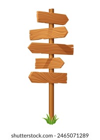 Signpost with wooden direction arrow signs. Isolated vector road fork, signage, pointer with blank wood planks on pole. Signpost pointing directions and ways, with a tuft of green grass at the base