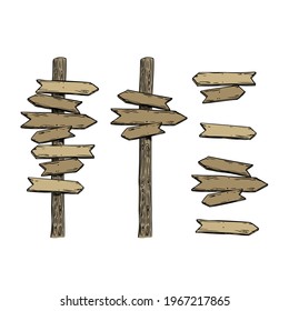 Signpost wooden set sketch in hand drawn style. Vector graphic illustration. Background design. Vintage cartoon decoration.