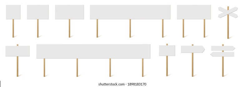 Signposts and banners with blank boards set. Wooden sticks with white signs vector illustration. Retro street direction posts isolated on white background. Simple empty information placards.