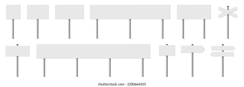 Signposts and banners with blank boards set. Metal sticks with white signs vector illustration. Retro steel street direction posts isolated on white background. Simple empty information placards.