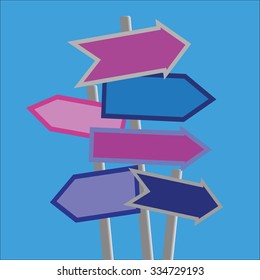 Signposts and direction arrows in shades of blue and purple on posts with copy space