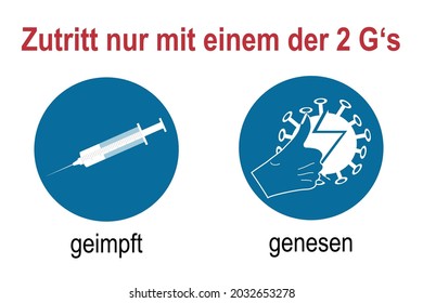 Signs with the 2 G's of the Corona Protection Ordinance, vaccinated and recovered. Text in German (vaccinated, recovered, distance, hygiene, medical mask)