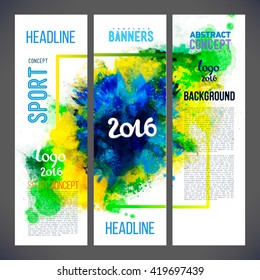 Signs 2016 on watercolor ink background of green, blue and yellow color . Sports banners on the abstract background with logo symbols. Isolate on white. 