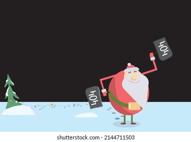 signs 404 in the hands of a merry Santa returning from a party against the backdrop of a Christmas tree with a dangling colored garland. post-holiday internet error page