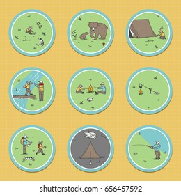 Signs about the camping theme. Bears, tent installation, nature observation, dog training, map, orienteering, sleeping in the forest, cross country traffic, campfire, fishing. Miniature.