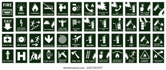 Signs of action during a fire. Fire evacuation signs. Fire signs. EPS 10.