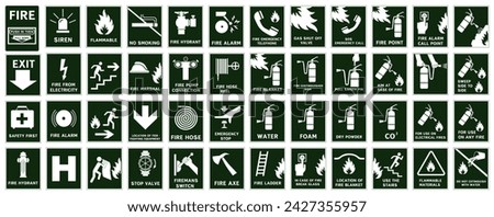Signs of action during a fire. Fire evacuation signs. Fire signs. EPS 10.