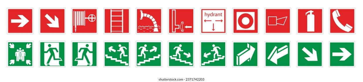 Signs of actions in case of emergency and fire. Emergency gathering place, actions in case of fire, first aid symbols. EPS 10.