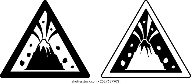 Signs Active Volcano Zone. Black and White Vector Icons. Prohibitory Road Sign. Danger Volcano Eruption