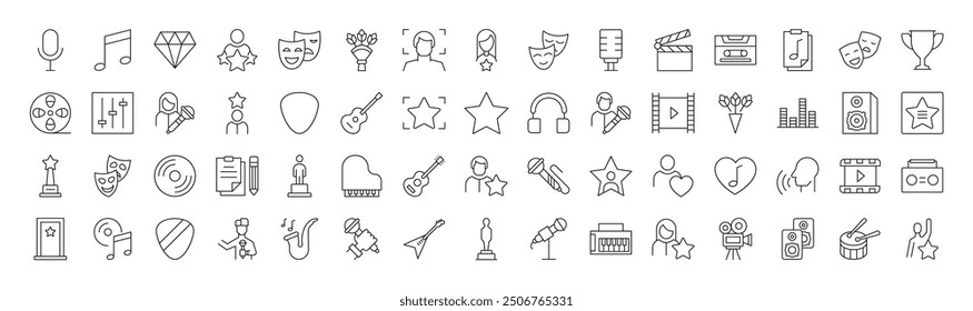 Signs of actor, singer, music and theatre for Shops and Stores. Suitable for books, stores, shops. Editable stroke in minimalistic outline style. Symbol for design