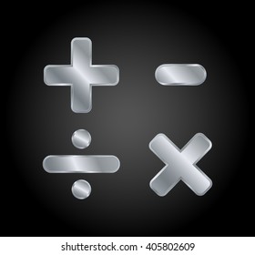 signs of addition multiplication subtraction division, on a black background, metal silver, vector