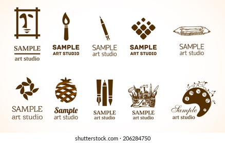 Signs for art studio. Various symbols of art industry with creative touch.