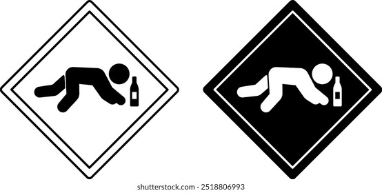 Signs Attention Drunken People Crossing. Humorous Road Sign, Sticker. Man Lying on the Road with a Bottle of Alcohol. Black and White Vector Icons