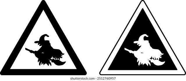 Signs Attention Witch Road. Warning Road Signs. Evil Witch Flying on a Broom. Black and White Vector Icons