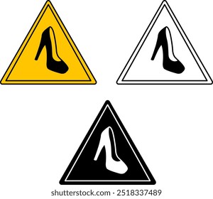 Señales de atención Mujer. Señales de tráfico humorísticas. Pegatina de un zapato de mujer con tacones. Iconos de vector amarillo, blanco y negro