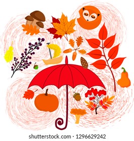 signs of autumn forest mushrooms, cones, mountain ash, acorns, leaves, foxes, pumpkins, rain umbrella