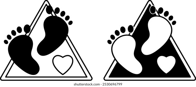 Señales Bebé en el Tablero. Iconos de vector blanco y negro. Señal de tráfico humorística. Etiqueta engomada del coche. Pies y corazón del bebé