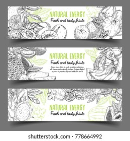 Signs or badges with organic natural fruits. Orange and apple, pear and mango and lychee, kiwi and banana, guava and durio, common fig and feijoa, pomegranate and avocado. Vegetarian nutrition