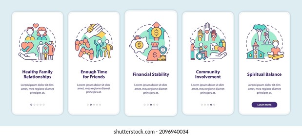 Signs of balanced life onboarding mobile app screen. Happiness walkthrough 5 steps graphic instructions pages with linear concepts. UI, UX, GUI template. Myriad Pro-Bold, Regular fonts used