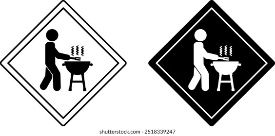 Signs BBQ Zone. Warning Road Signs. Grilling Meat Allowed. Man Cooking Food. Outdoor Picnic. Black And White Vector Icons