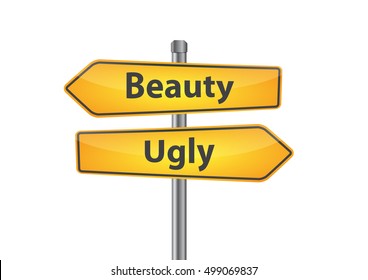 Signs with beauty and ugly pointing in opposite directions