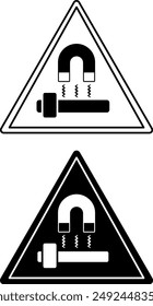 Signs Block Magnet. Black and White Vector Icons. Magnet Attracting Iron Axe. Danger Warning Sign