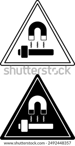 Signs Block Magnet. Black and White Vector Icons. Magnet Attracting Iron Axe. Danger Warning Sign