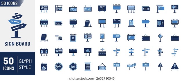 Conjunto de iconos de tablero de signos. Contiene vallas publicitarias, información, direcciones, símbolos, anuncios y más. Ilustración vectorial