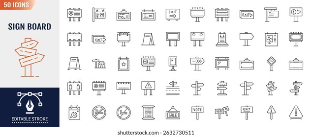 Signs board line editable icon set. Containing billboards, information, directions, symbols, advertisements and more. Vector illustration
