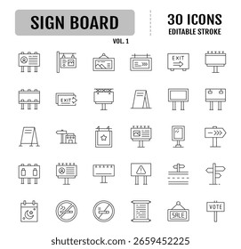 Conjunto de ícones editáveis da linha da placa de sinais. Contendo outdoors, informações, direções, símbolos, anúncios e muito mais. Ilustração vetorial