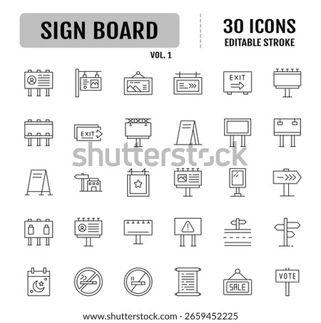 Signs board line editable icon set. Containing billboards, information, directions, symbols, advertisements and more. Vector illustration