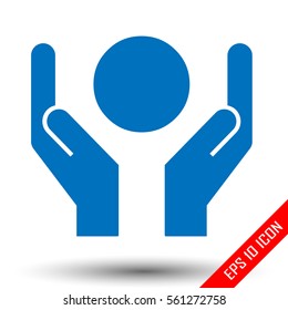 Signs with both hands and the Sun. Simple flat logo of hands and Sun on white background. Vector illustration.