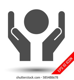 Signs with both hands and the Sun. Simple flat logo of hands and Sun on white background. Vector illustration.