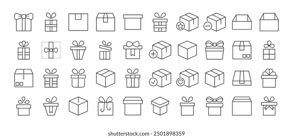 Signs of boxes and giftboxes as holiday and delivery symbols for Shops and Stores. Suitable for books, stores, shops. Editable stroke in minimalistic outline style. Symbol for design