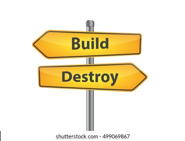 Signs with build and destroy pointing in opposite directions