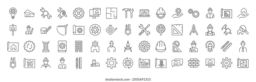 Signs of builder, engineer, repair and renovation for Shops and Stores. Suitable for books, stores, shops. Editable stroke in minimalistic outline style. Symbol for design