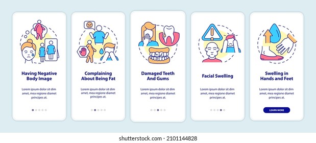 Signs of bulimia onboarding mobile app screen. Having negative body image walkthrough 5 steps graphic instructions pages with linear concepts. UI, UX, GUI template. Myriad Pro-Bold, Regular fonts used