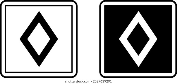 Carpooling de señales. Iconos de vector blanco y negro. Señal de advertencia. Diamante blanco sobre fondo azul