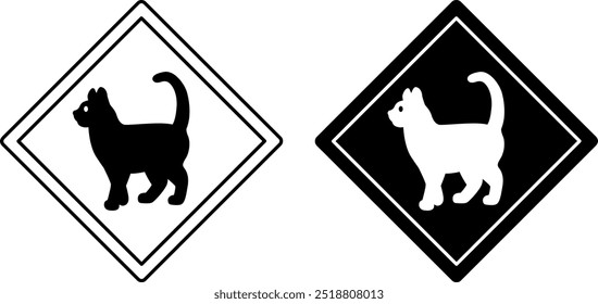 Sinais Cat Crossing. Sinal de Estrada Humorística, Adesivo. Ícones de vetor em preto-e-branco